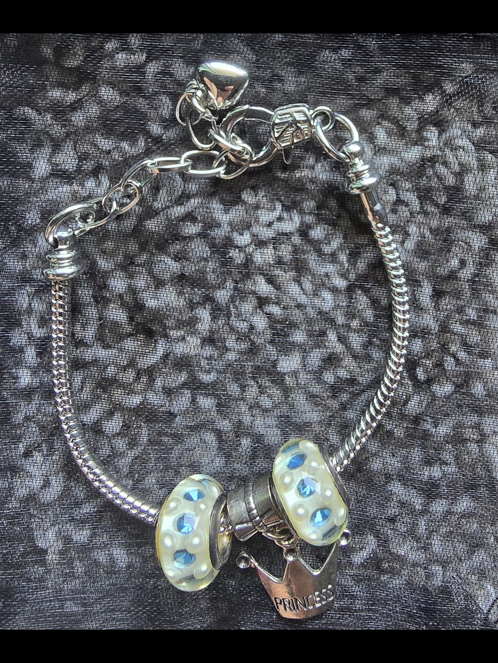 Silver 'Princess' Crown Charm Bracelet with Blue-Aqua Glass Beads - Unbranded
